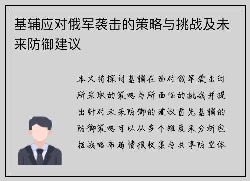 基辅应对俄军袭击的策略与挑战及未来防御建议