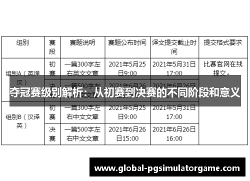 夺冠赛级别解析：从初赛到决赛的不同阶段和意义